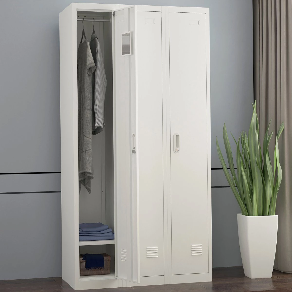 Commercial Grey Three Door Locker With Clothes Hanger, Fixed Shelf And Mirror 900x450x1800mm | Adexa LOCKER3TW 7 Commercial Grey Three Door Locker With Clothes Hanger, Fixed Shelf And Mirror 900x450x1800mm | Adexa LOCKER3TW - Image 5