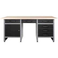 Professional Grey And Black Workshop Workbench With 30mm Wooden Desktop, 6 Drawers And Lockable Door 1600x600x850mm | Adexa TC007