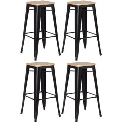 4pcs High Bar Stool With Wooden Seat Steel Black Indoors | Adexa WW61B